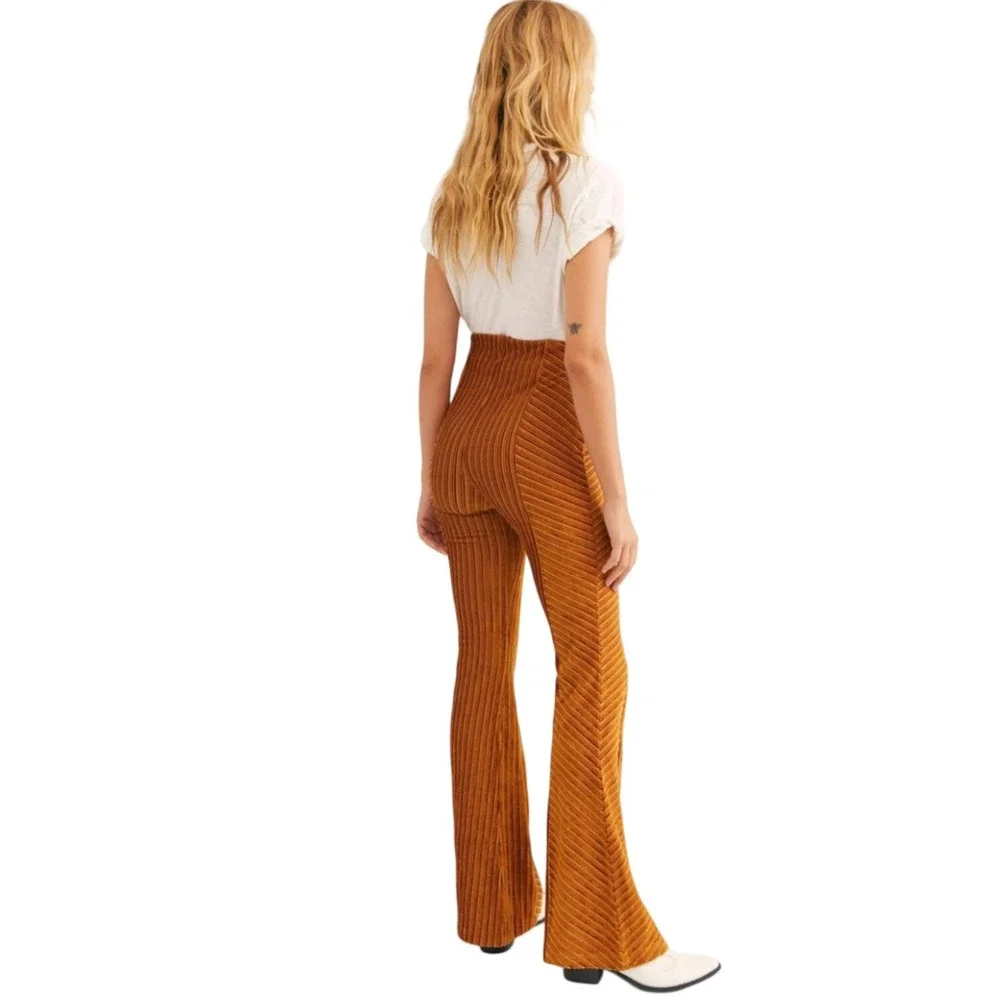 Free People Pull-On Velvet Corduroy Flare Pants Burnt Orange Size M